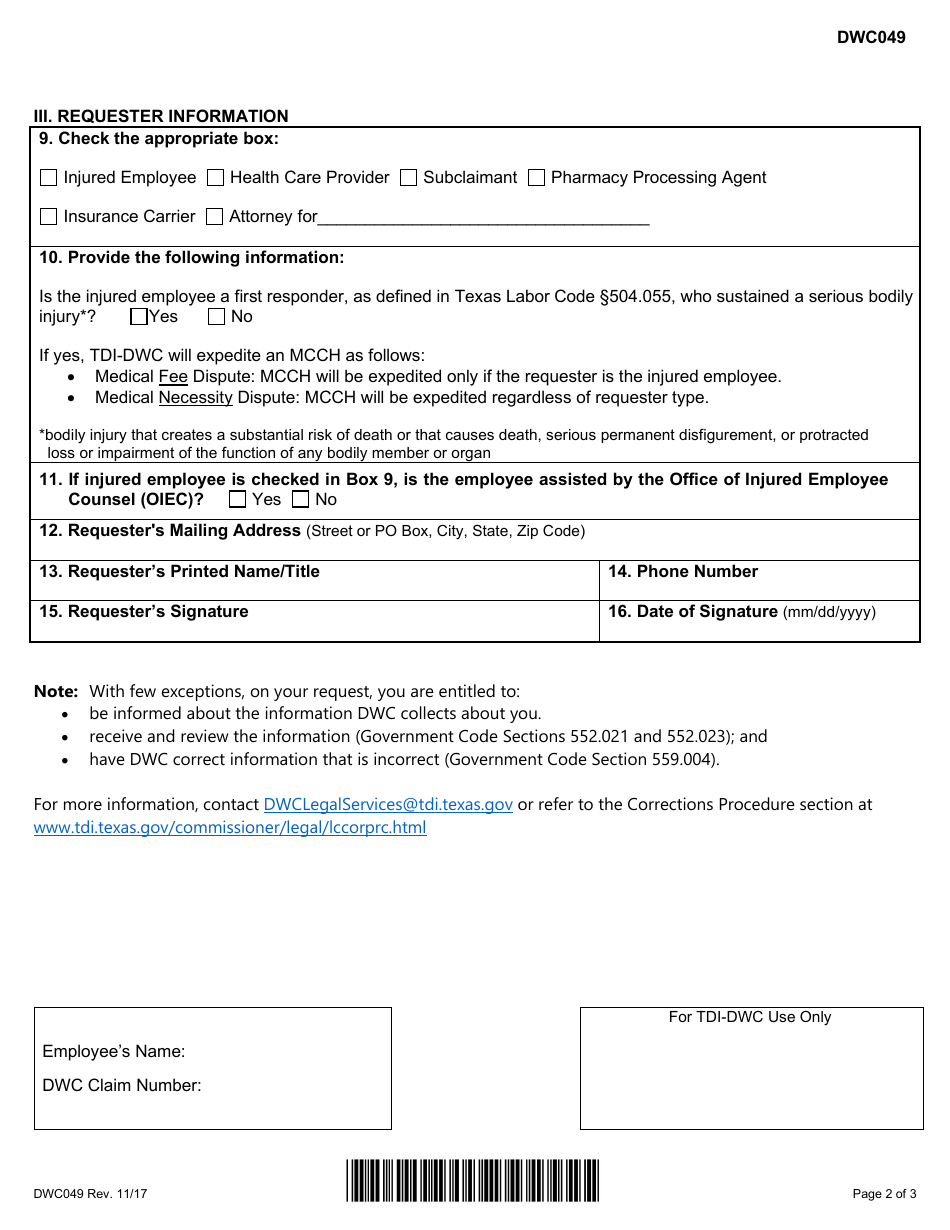 Form DWC049 Request to Schedule a Medical Contested Case Hearing (Mcch) - Texas, Page 2