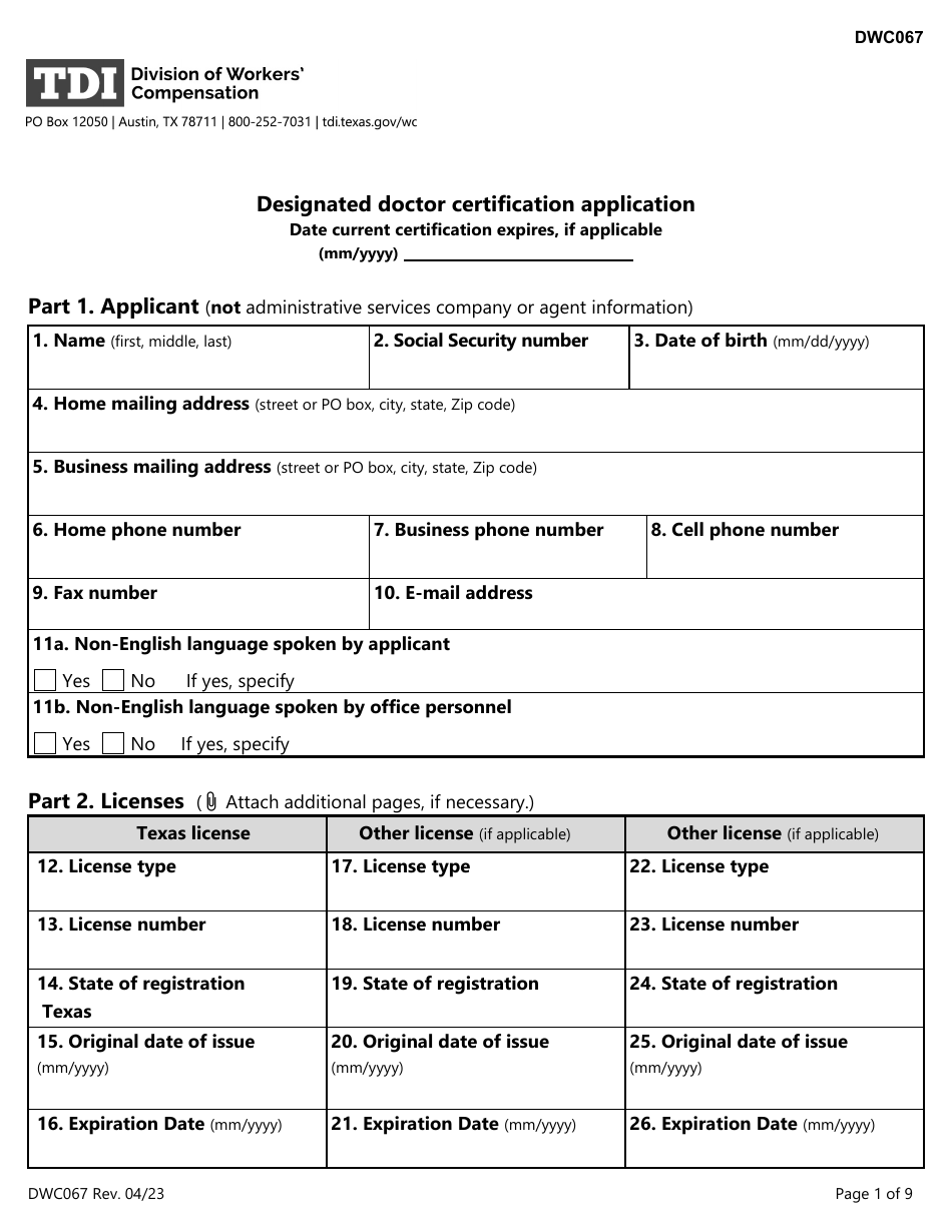 Form DWC067 Designated Doctor Certification Application - Texas, Page 1