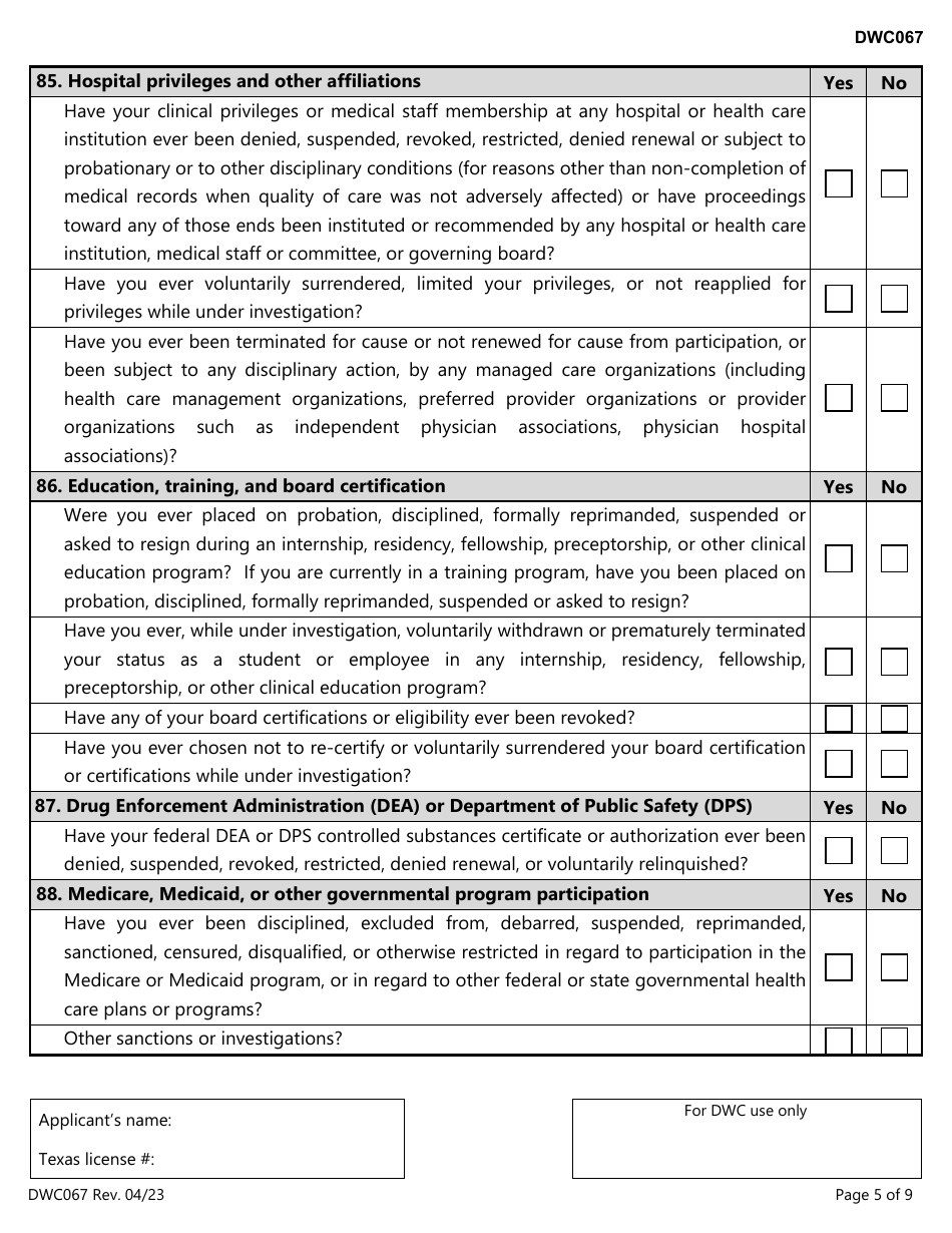 Form DWC067 Designated Doctor Certification Application - Texas, Page 5