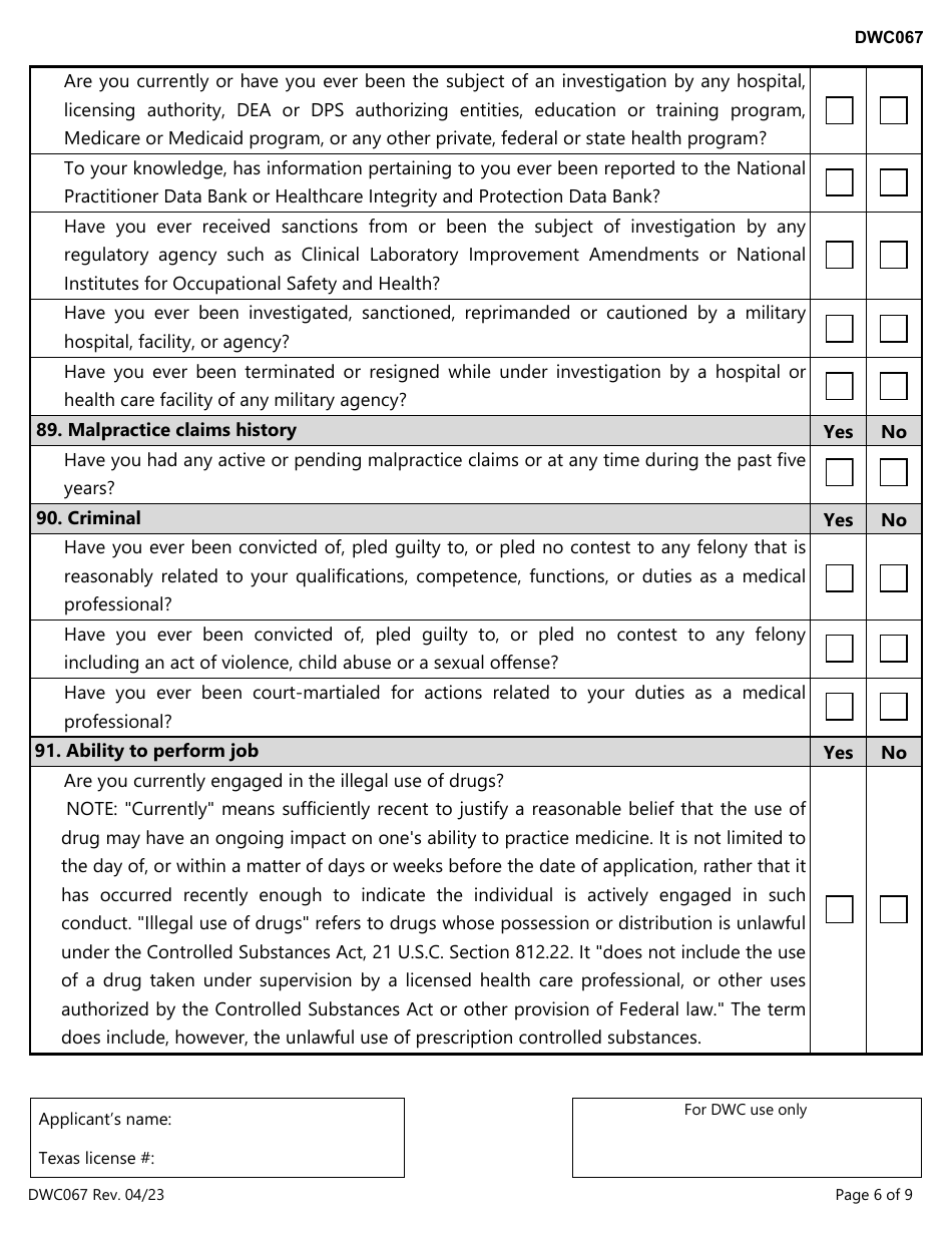 Form DWC067 Designated Doctor Certification Application - Texas, Page 6