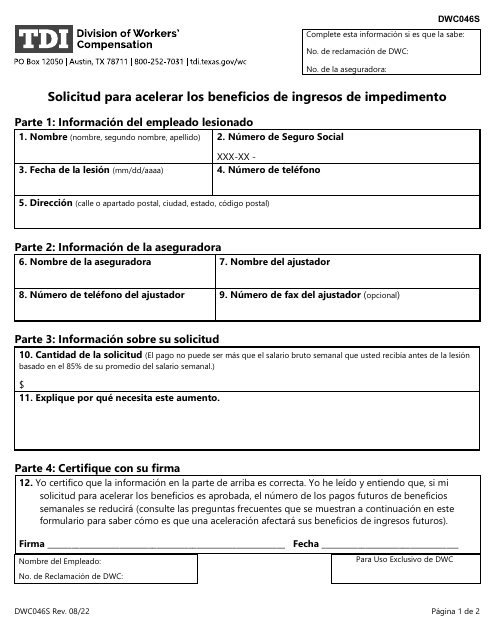 Formulario DWC046S Solicitud Para Acelerar Los Beneficios De Ingresos De Impedimento - Texas (Spanish)