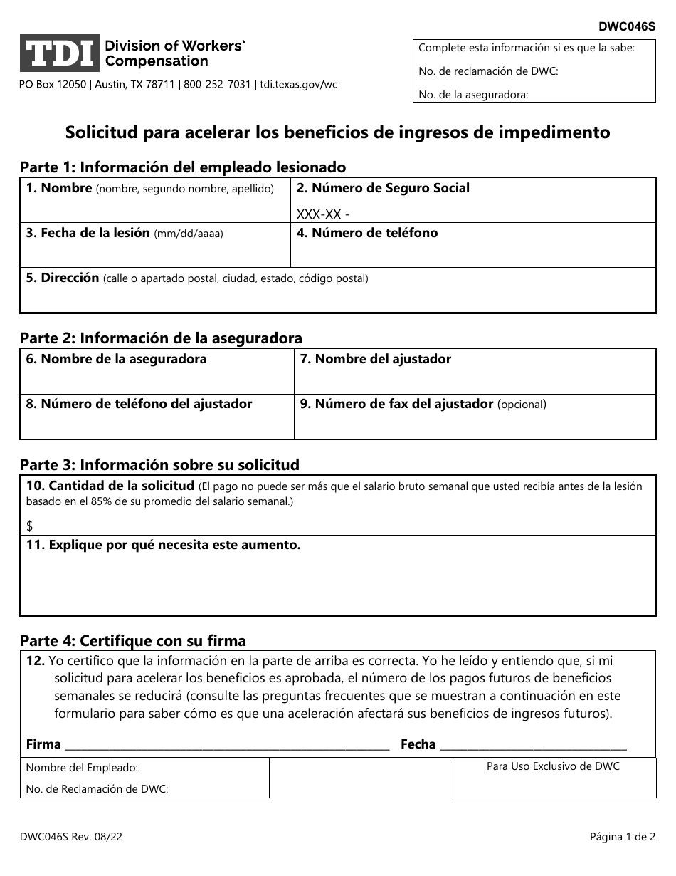 Formulario DWC046S Solicitud Para Acelerar Los Beneficios De Ingresos De Impedimento - Texas (Spanish), Page 1