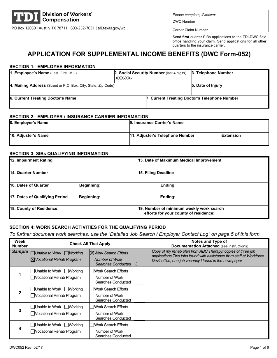 Form DWC052 Application for Supplemental Income Benefits - Texas, Page 1