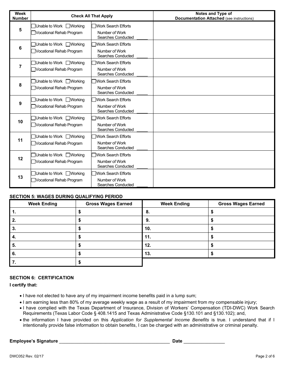 Form DWC052 Application for Supplemental Income Benefits - Texas, Page 2
