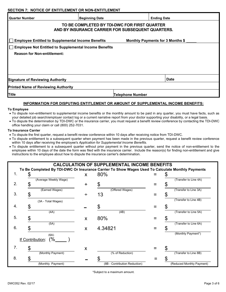 Form DWC052 Application for Supplemental Income Benefits - Texas, Page 3