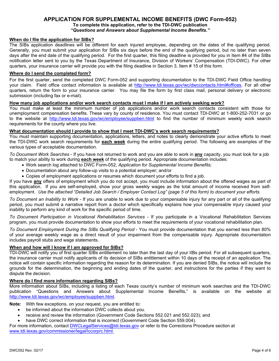 Form DWC052 Application for Supplemental Income Benefits - Texas, Page 4