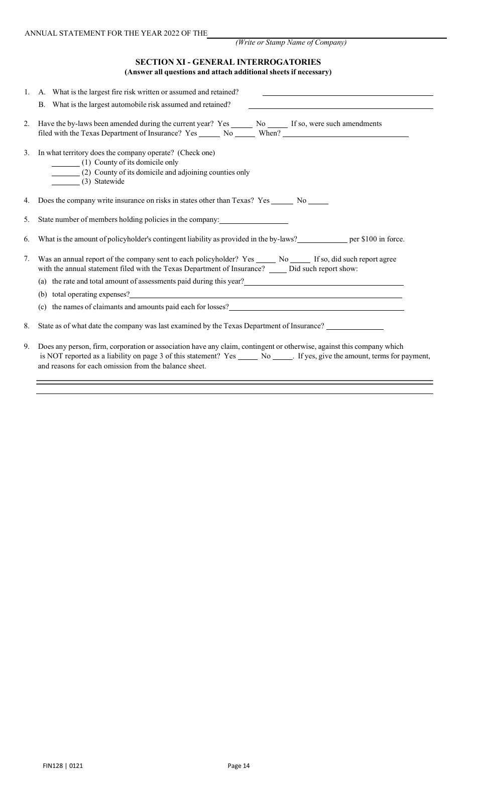 Form FIN128 Annual Statement - Farm Mutual Companies - Texas, Page 16
