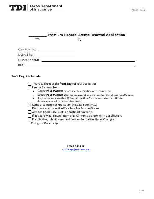 Form FIN163 (PF1C) Premium Finance License Renewal Application - Texas