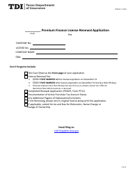 Form FIN163 (PF1C) Premium Finance License Renewal Application - Texas