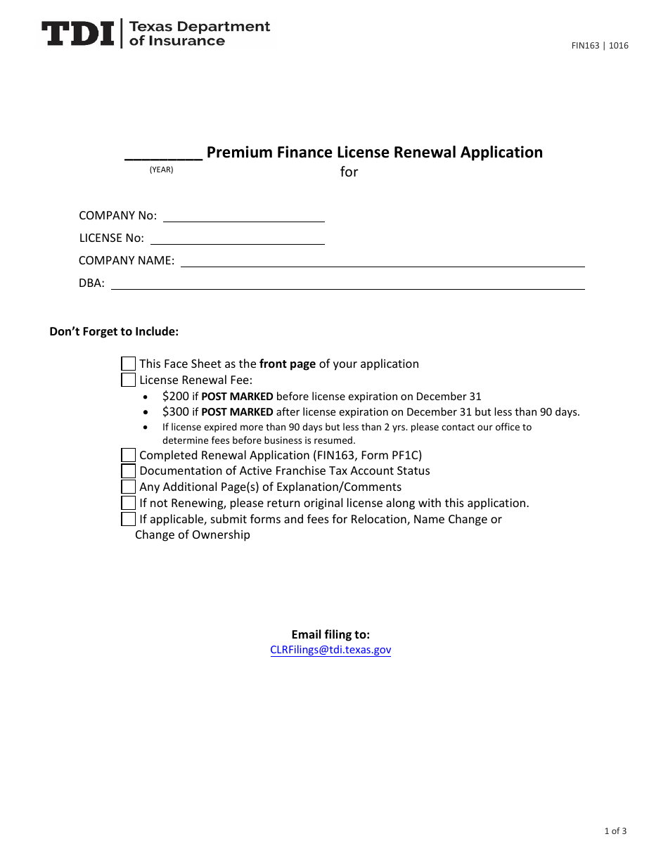 Form FIN163 (PF1C) Premium Finance License Renewal Application - Texas, Page 1