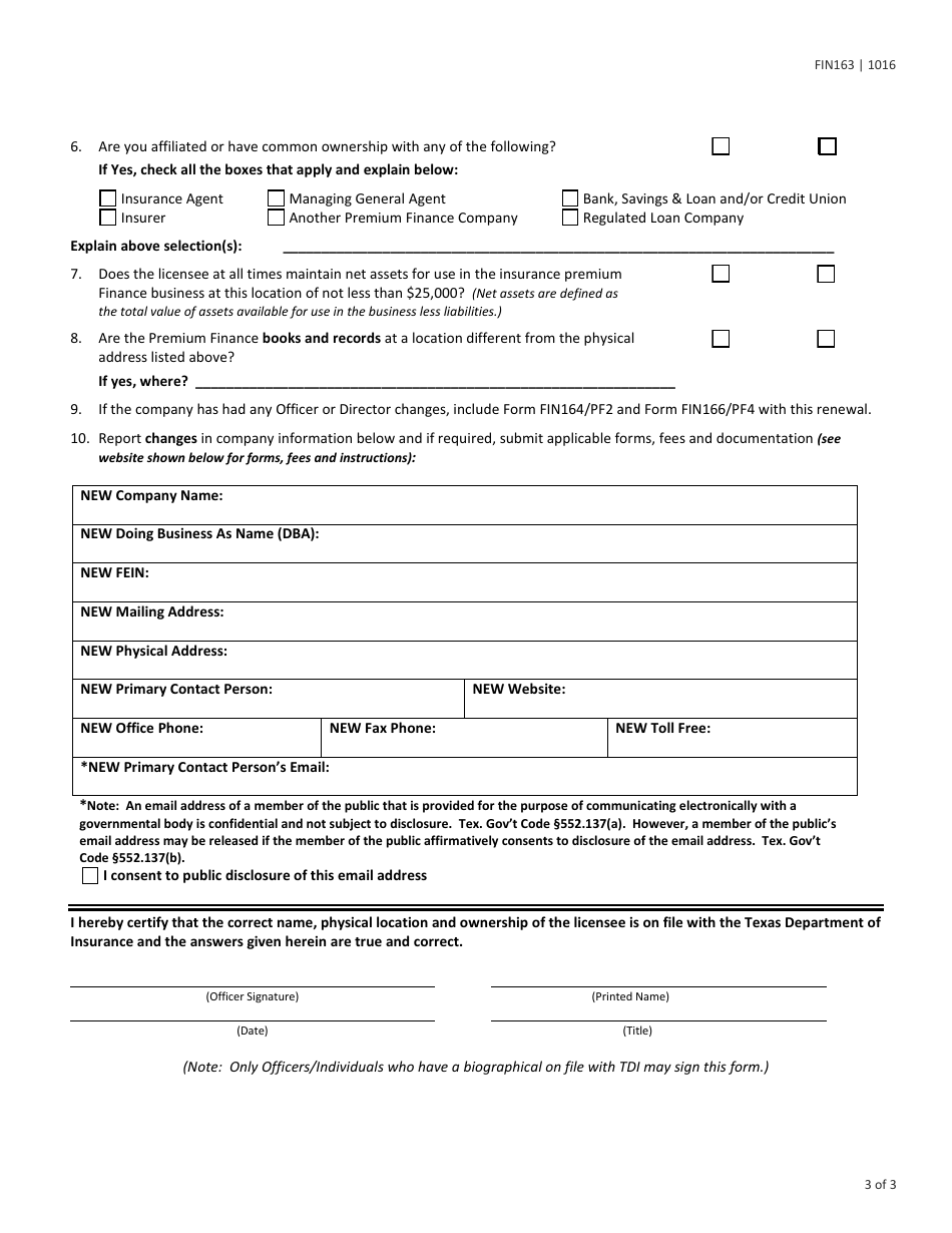 Form FIN163 (PF1C) Premium Finance License Renewal Application - Texas, Page 3