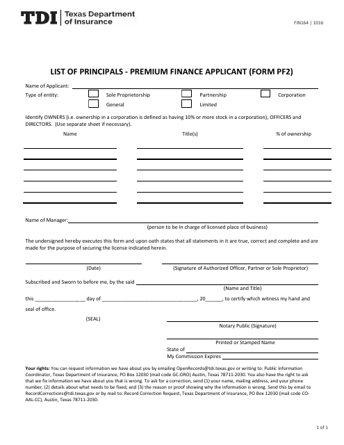 Form FIN164 (PF2) List of Principals - Premium Finance Applicant - Texas