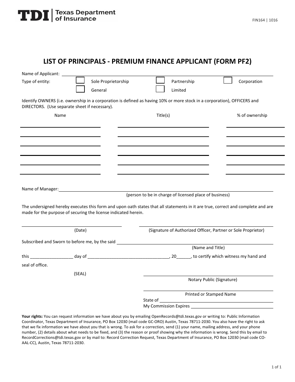 Form FIN164 (PF2) List of Principals - Premium Finance Applicant - Texas, Page 1