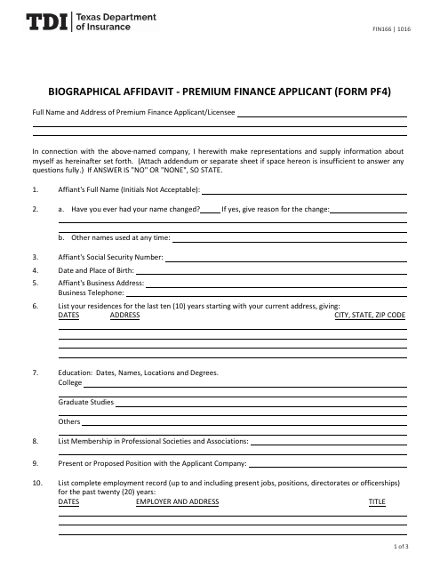 Form FIN166 (PF4)  Printable Pdf
