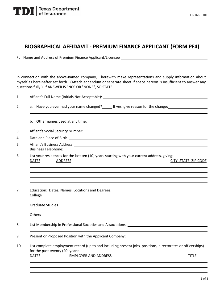 Form FIN166 (PF4) Biographical Affidavit - Premium Finance Applicant - Texas, Page 1
