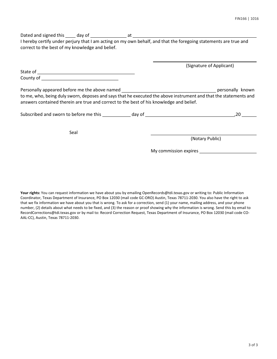 Form FIN166 (PF4) Biographical Affidavit - Premium Finance Applicant - Texas, Page 3