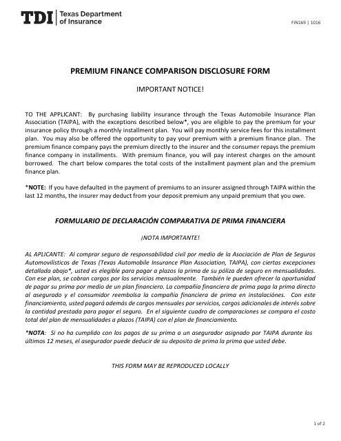 Form FIN169 (PF7) Premium Finance Comparison Disclosure Form - Texas (English/Spanish)