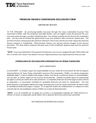 Form FIN169 (PF7) Premium Finance Comparison Disclosure Form - Texas (English/Spanish)