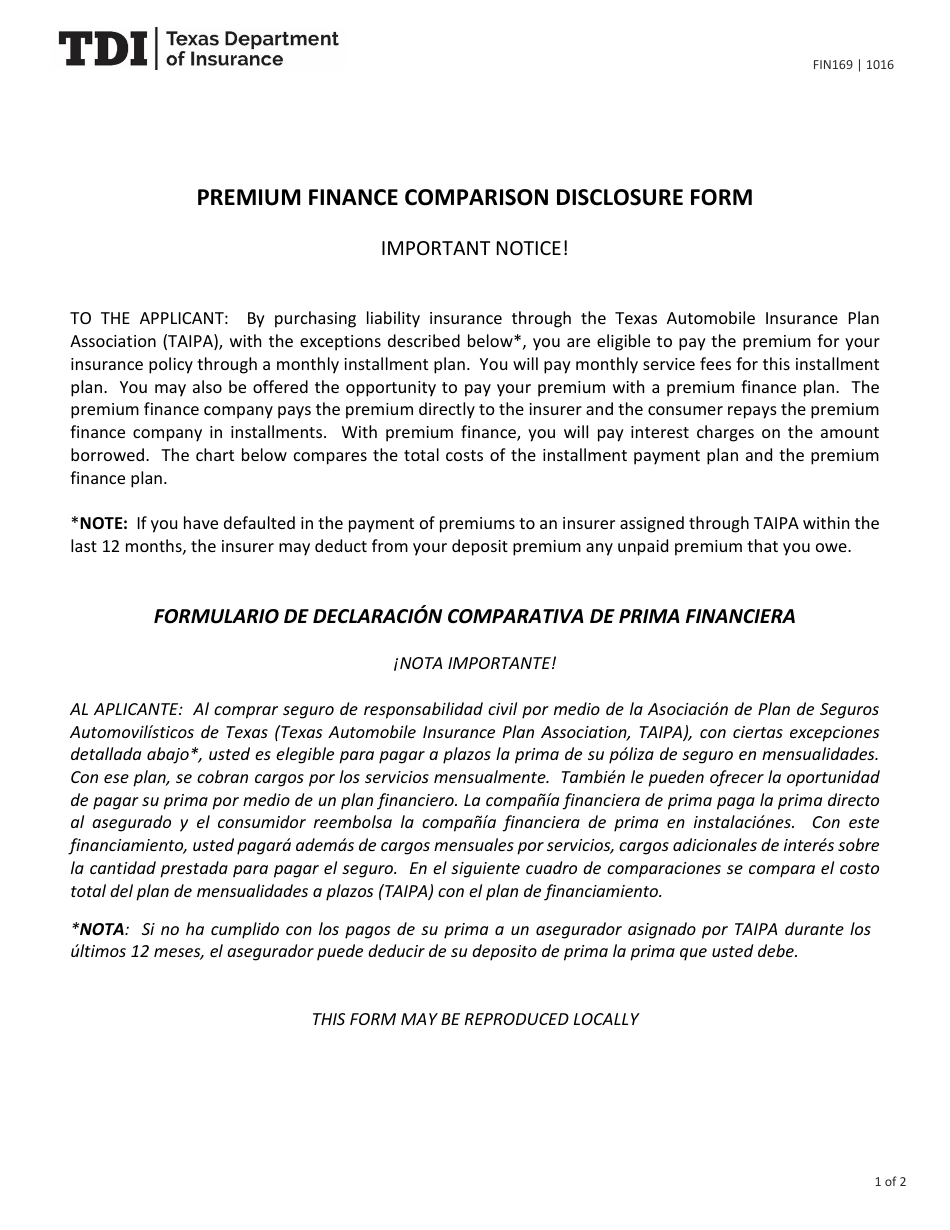 Form FIN169 (PF7) Premium Finance Comparison Disclosure Form - Texas (English / Spanish), Page 1