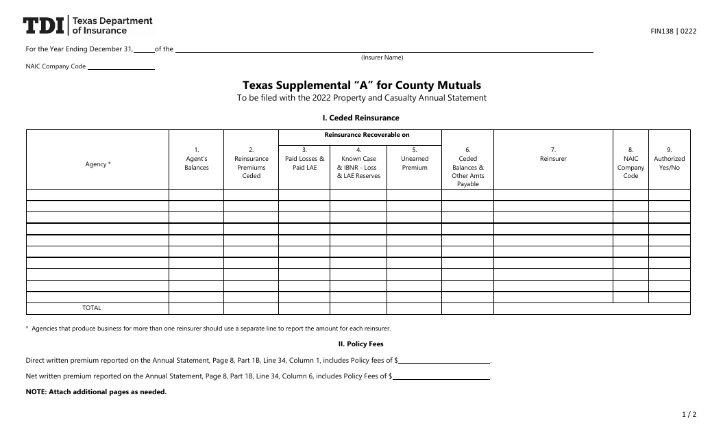 Form FIN138 Supplement A Texas Supplemental for County Mutuals - Texas
