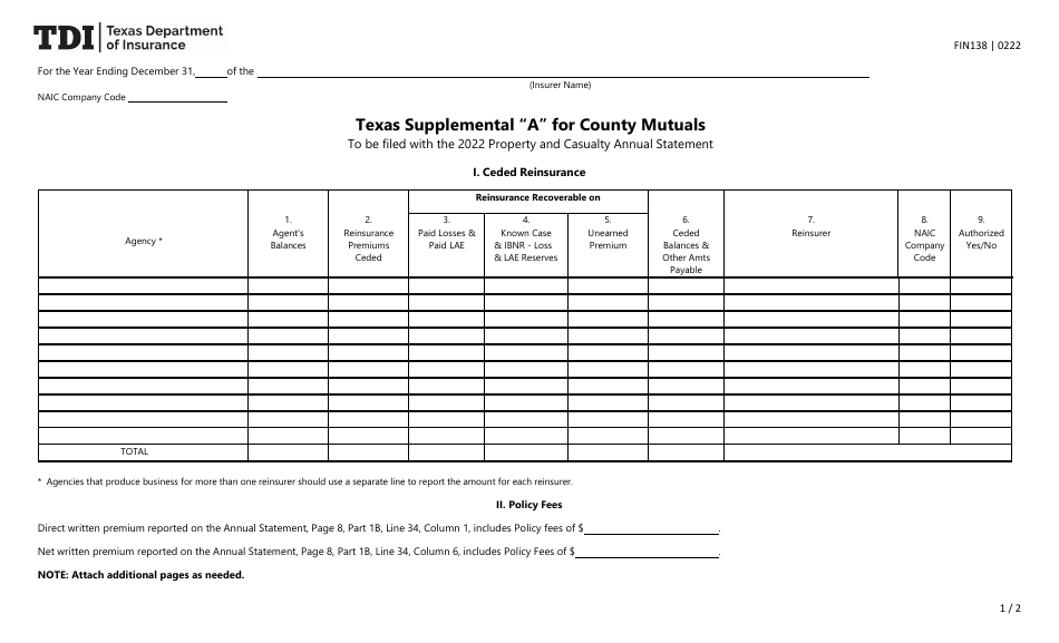 Form FIN138 Supplement A Texas Supplemental for County Mutuals - Texas, Page 1