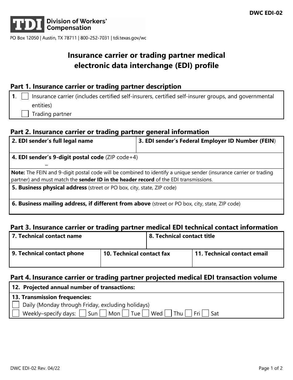 Form DWC EDI-02 Insurance Carrier or Trading Partner Medical Electronic Data Interchange (Edi) Profile - Texas, Page 1