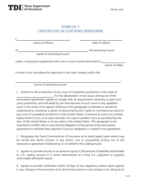 Form FIN190 (CR-1) Certificate of Certified Reinsurer - Texas