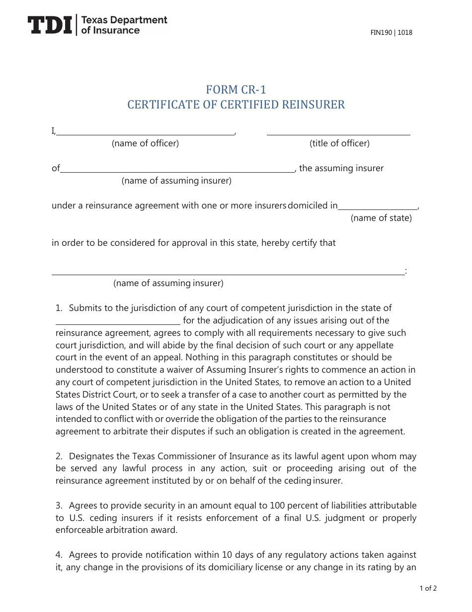Form FIN190 (CR-1) Certificate of Certified Reinsurer - Texas, Page 1