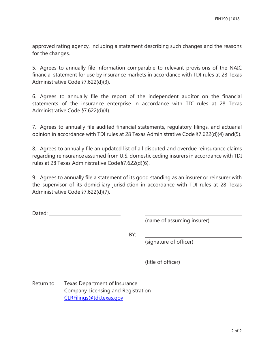 Form FIN190 (CR-1) Certificate of Certified Reinsurer - Texas, Page 2