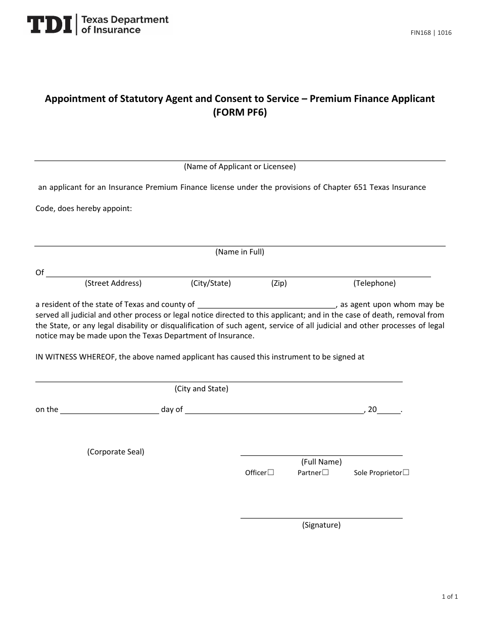 Form FIN168 (PF6) Appointment of Statutory Agent and Consent to Service - Premium Finance Applicant - Texas, Page 1