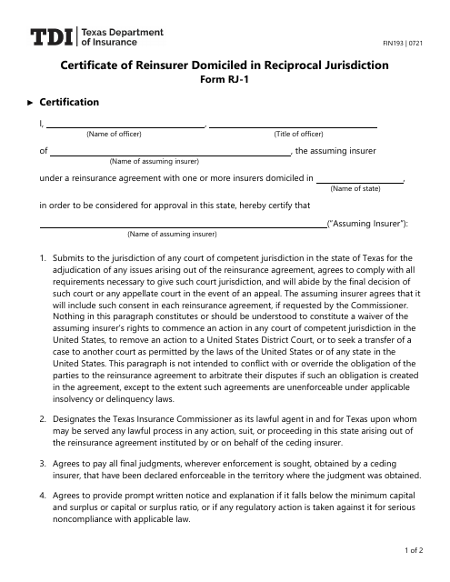 Form FIN193 (RJ-1) Certificate of Reinsurer Domiciled in Reciprocal Jurisdiction - Texas