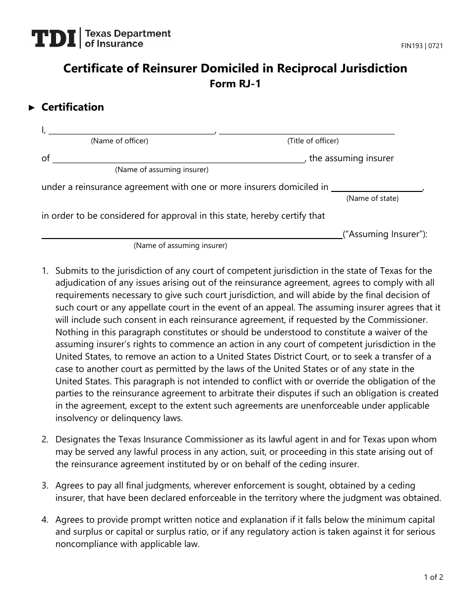 Form FIN193 (RJ-1) Certificate of Reinsurer Domiciled in Reciprocal Jurisdiction - Texas, Page 1