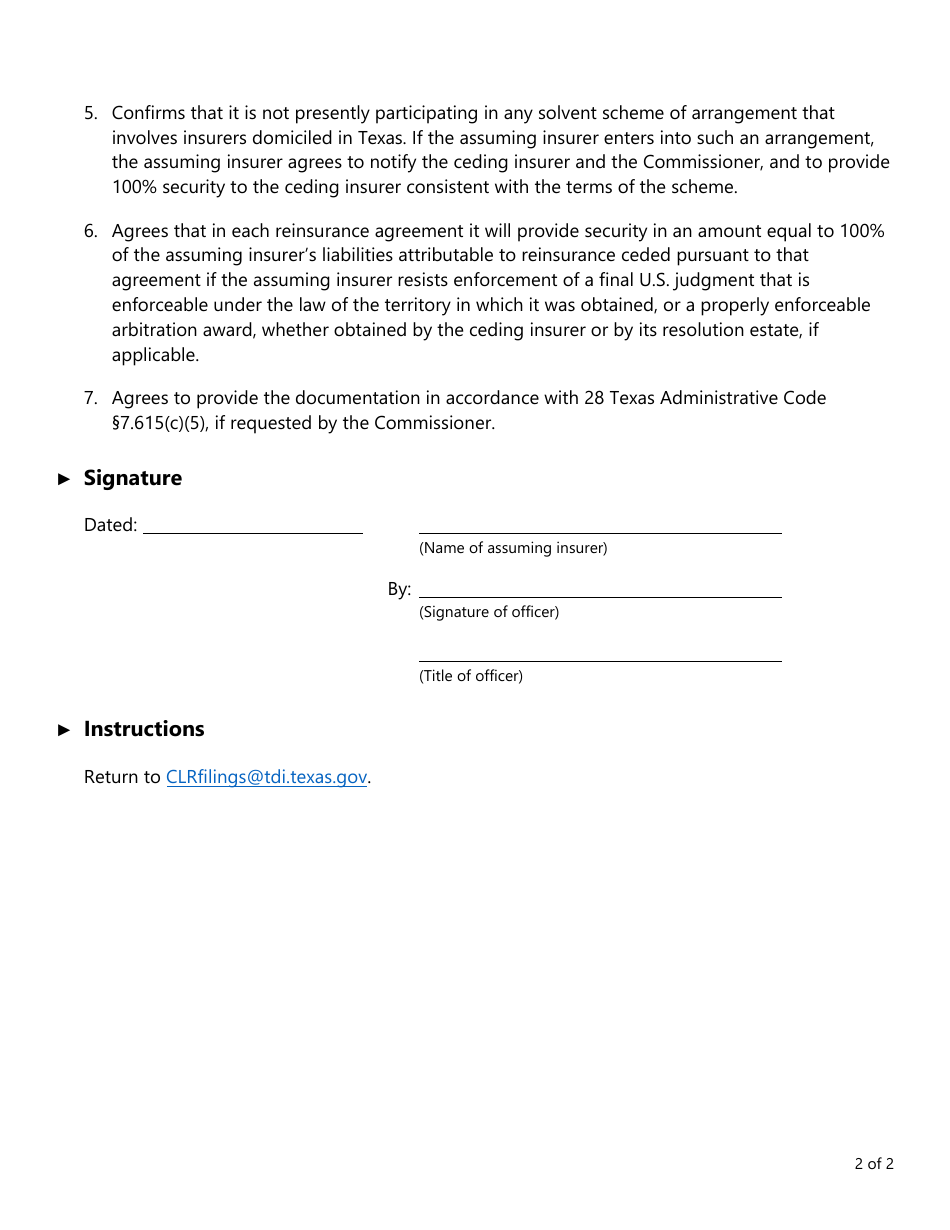 Form FIN193 (RJ-1) Certificate of Reinsurer Domiciled in Reciprocal Jurisdiction - Texas, Page 2