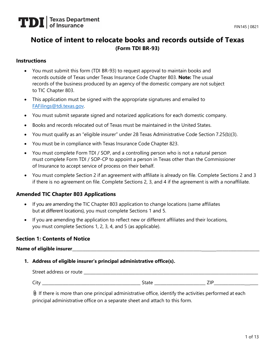 Form FIN145 (TDI BR-93) Notice of Intent to Relocate Books and Records Outside of Texas - Texas, Page 1