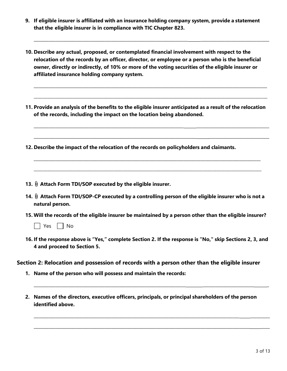 Form FIN145 (TDI BR-93) Notice of Intent to Relocate Books and Records Outside of Texas - Texas, Page 3