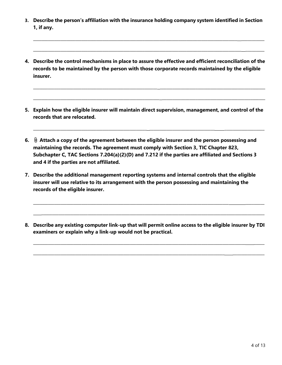 Form FIN145 (TDI BR-93) Notice of Intent to Relocate Books and Records Outside of Texas - Texas, Page 4