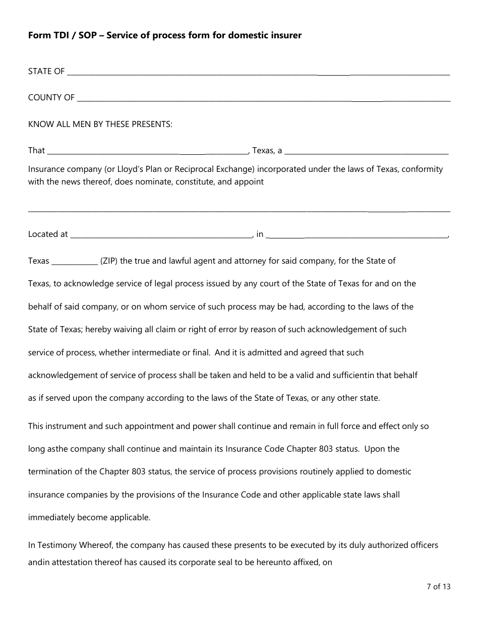 Form FIN145 (TDI BR-93) Notice of Intent to Relocate Books and Records Outside of Texas - Texas, Page 7