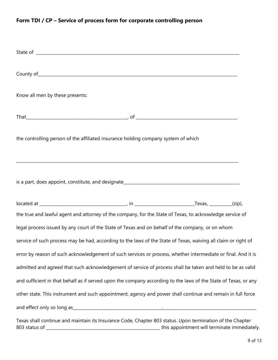 Form FIN145 (TDI BR-93) Notice of Intent to Relocate Books and Records Outside of Texas - Texas, Page 9