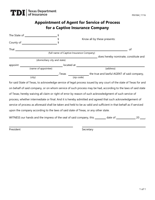 Form FIN184 Appointment of Agent for Service of Process for a Captive Insurance Company - Texas