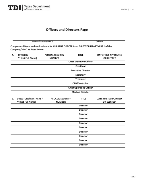 Form FIN306 Officers and Directors Page - Texas