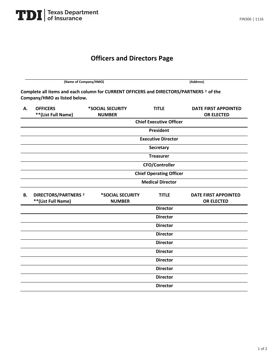 Form FIN306 Officers and Directors Page - Texas, Page 1