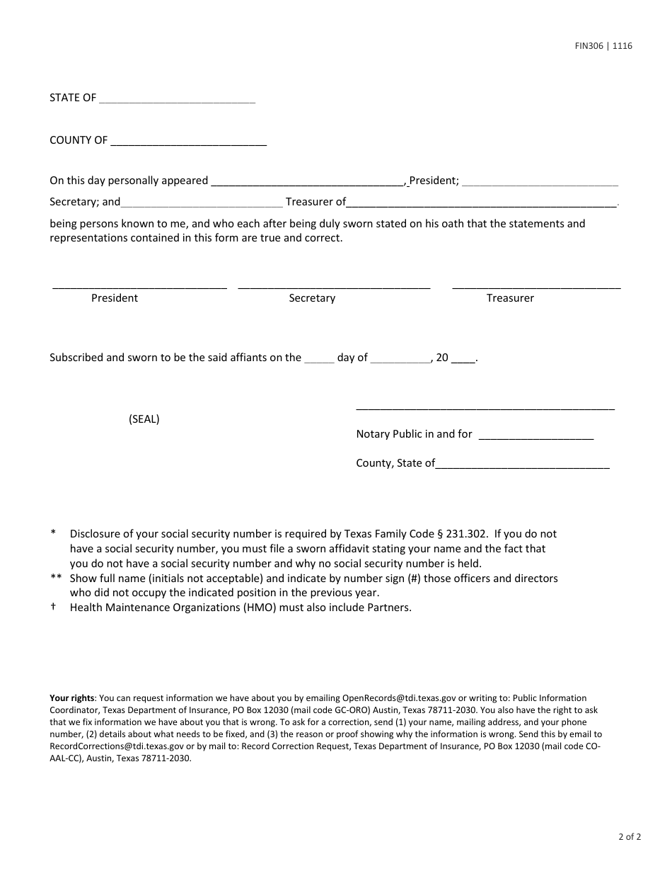 Form FIN306 Officers and Directors Page - Texas, Page 2