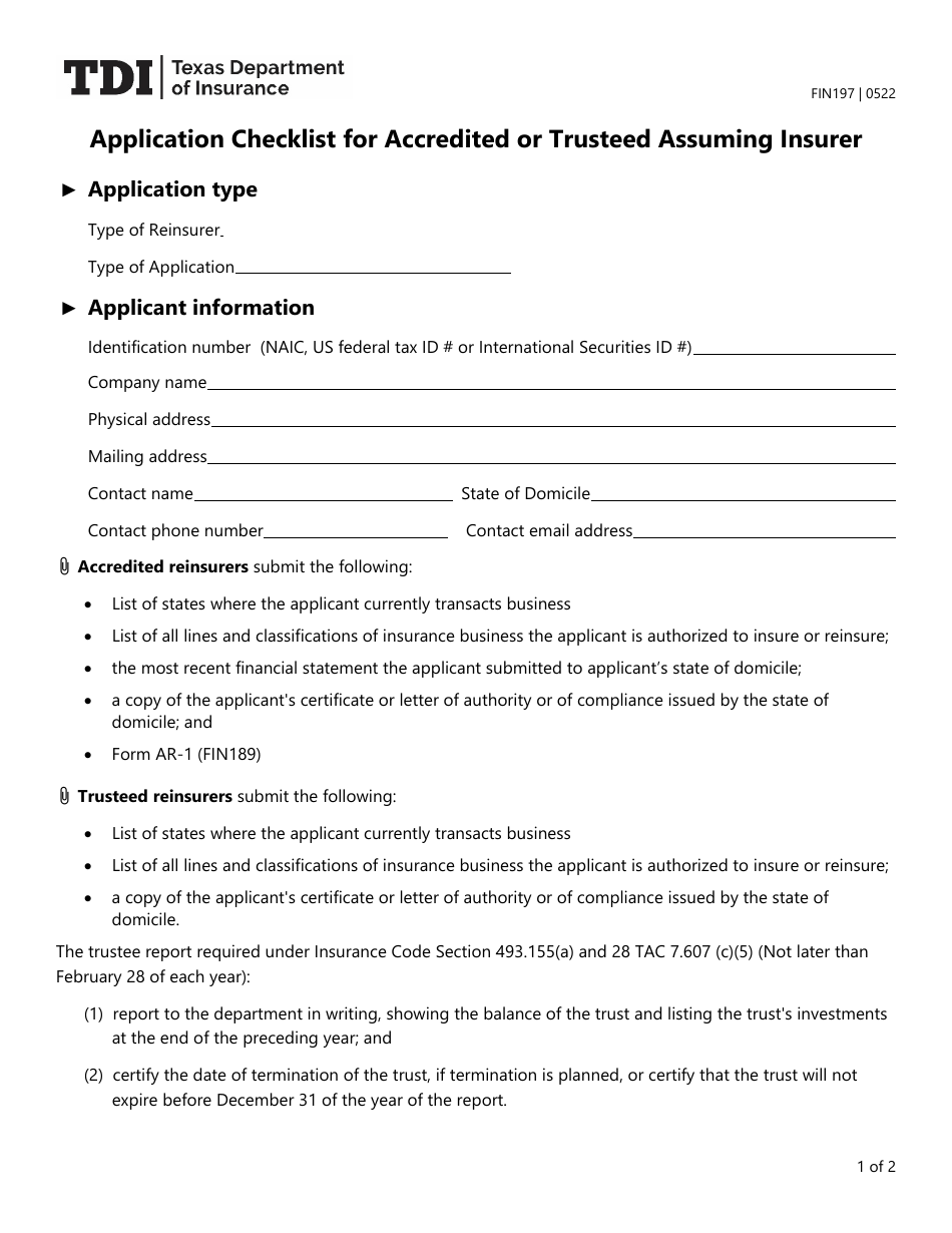 Form FIN197 Application Checklist for Accredited or Trusteed Assuming Insurer - Texas, Page 1