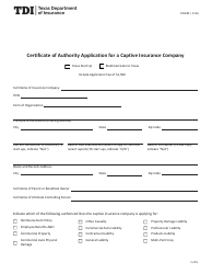 Form FIN180 Certificate of Authority Application for a Captive Insurance Company Texas Start up/Redomesticate to Texas - Texas