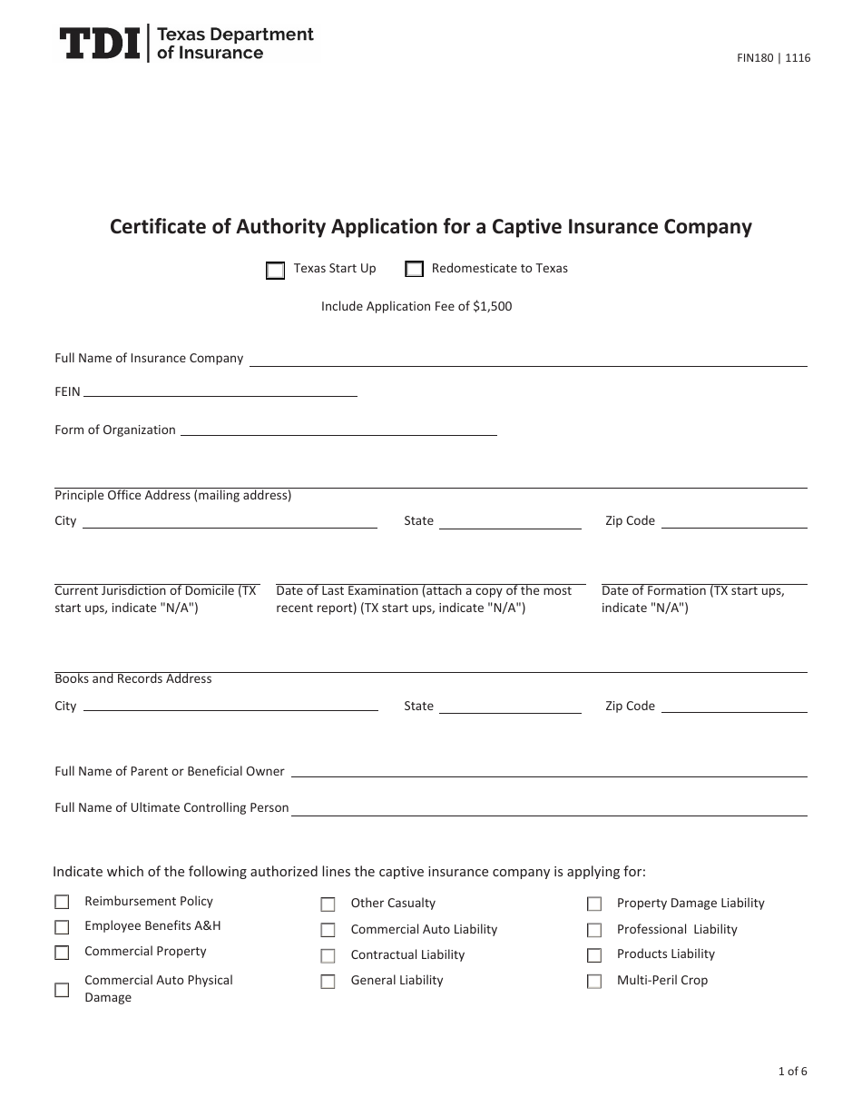 Form FIN180 Certificate of Authority Application for a Captive Insurance Company Texas Start up / Redomesticate to Texas - Texas, Page 1