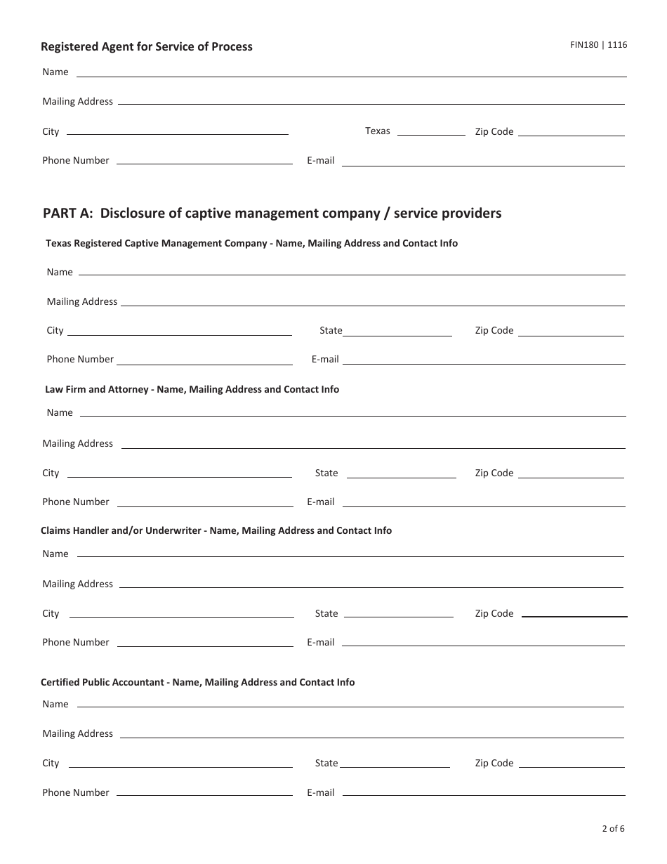Form FIN180 Certificate of Authority Application for a Captive Insurance Company Texas Start up / Redomesticate to Texas - Texas, Page 2