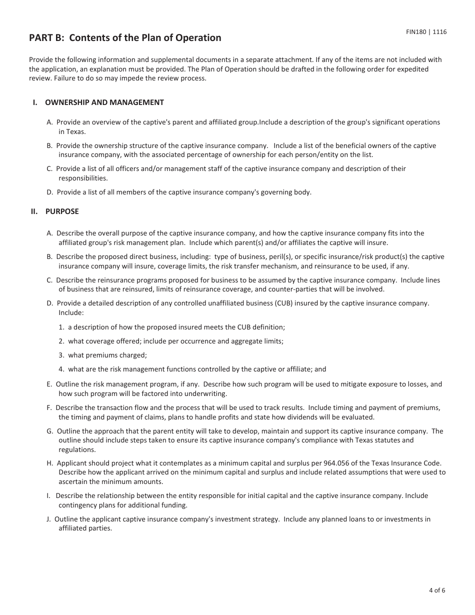 Form FIN180 Certificate of Authority Application for a Captive Insurance Company Texas Start up / Redomesticate to Texas - Texas, Page 4