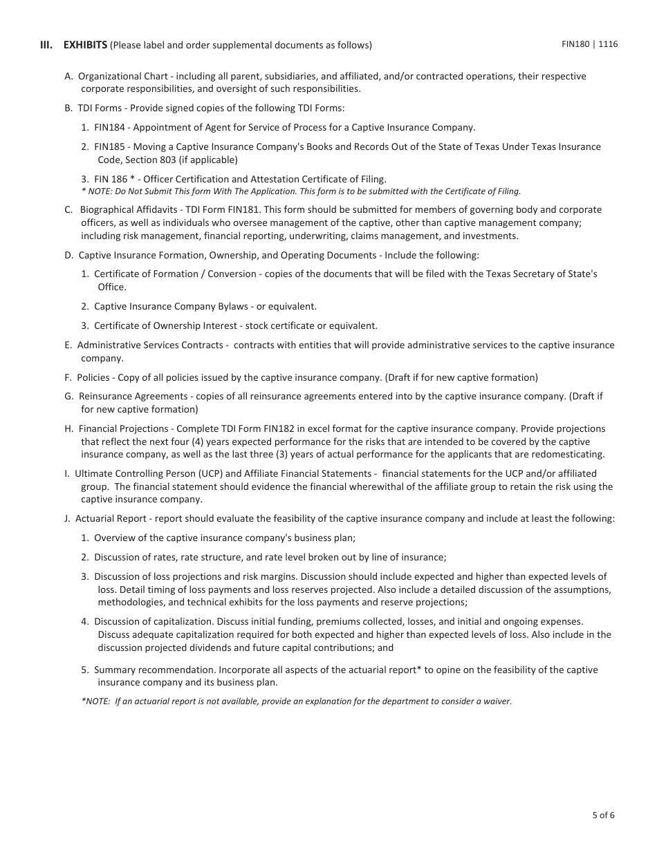 Form FIN180 Certificate of Authority Application for a Captive Insurance Company Texas Start up / Redomesticate to Texas - Texas, Page 5