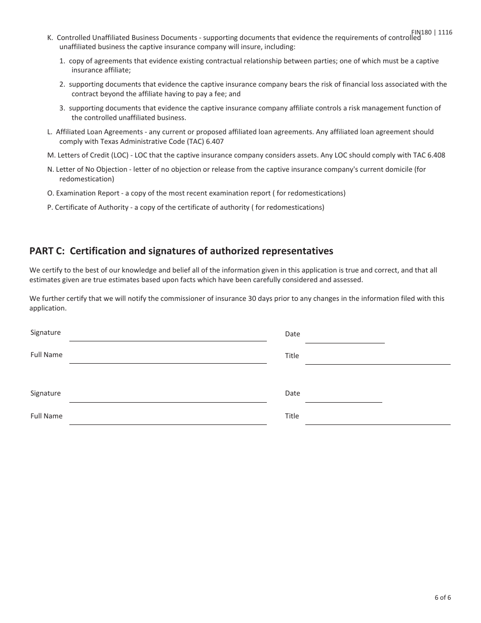 Form FIN180 Certificate of Authority Application for a Captive Insurance Company Texas Start up / Redomesticate to Texas - Texas, Page 6