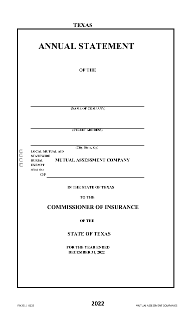 Form FIN251 Annual Statement - Mutual Assessments, Burials, Lmas - Texas, 2022